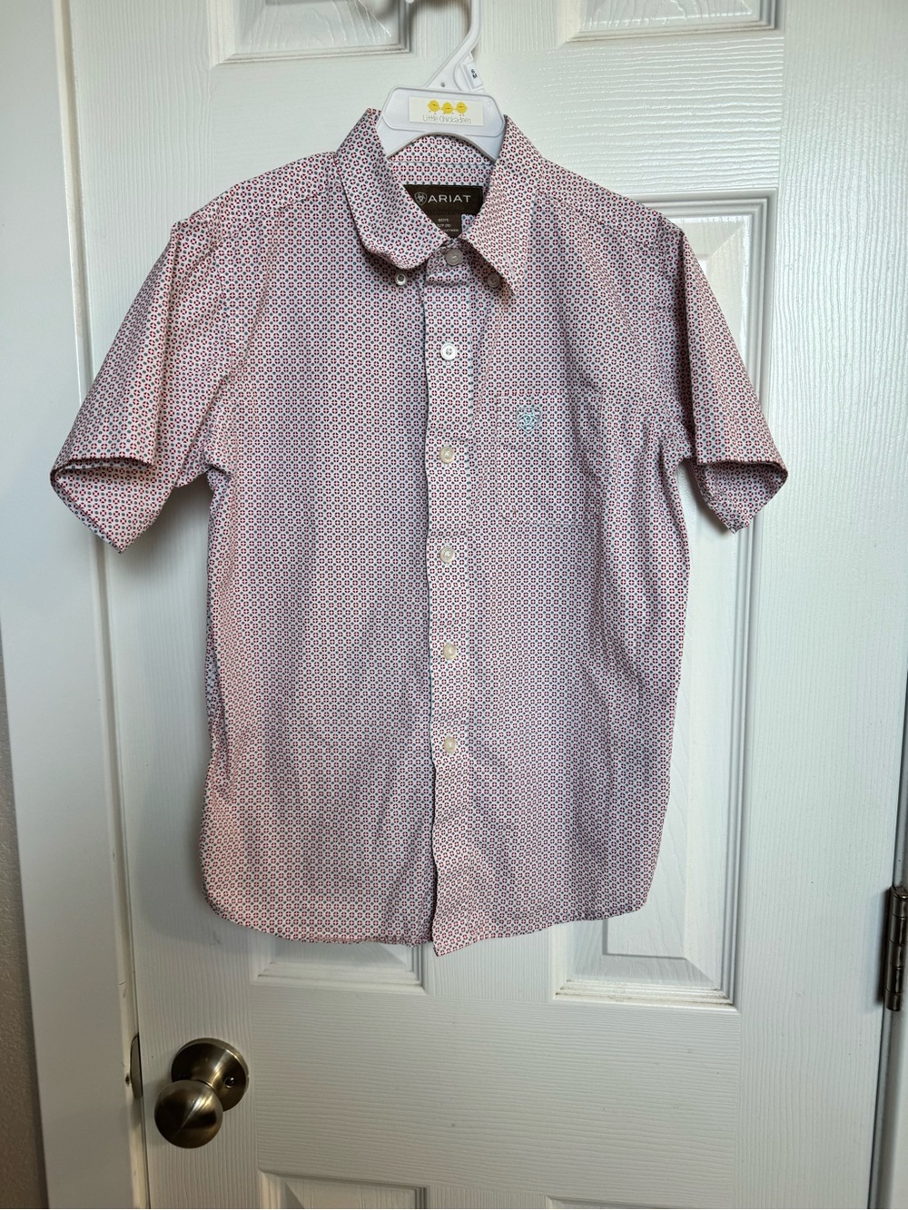 Ariat Boy’s Short Sleeve Button-Up Shirt in Light Red Microprint